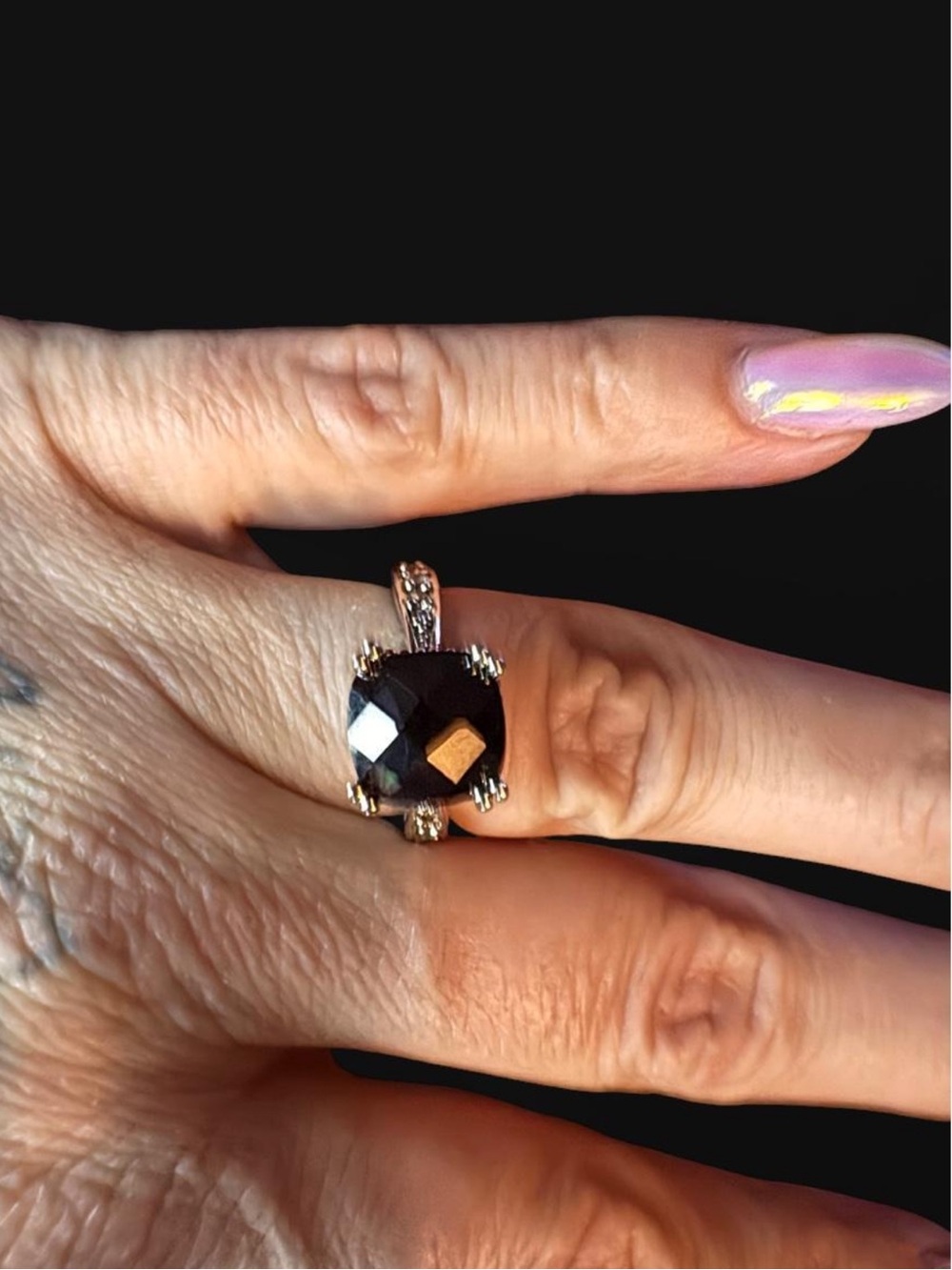 Vampire core black gemstone and Silvertone cocktail ring size 7.5